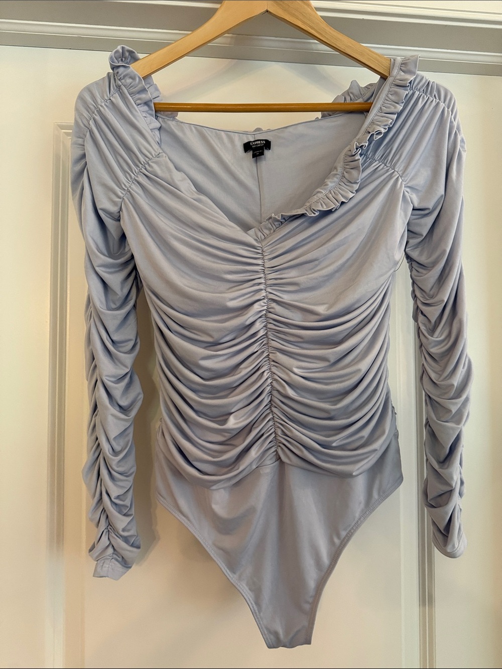 Express Lavender-Gray Ruched Long Sleeve Bodysuit with Ruffle Neck
